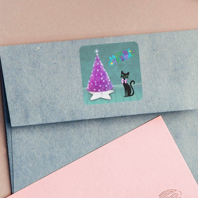 Hübsch Black Cat Pink Bow Pink Weihnachtsbaum Aqua Quadratischer Aufkleber (Mid century Christmas pink silver tree pretty black cat in teal coloured room on stickers.)