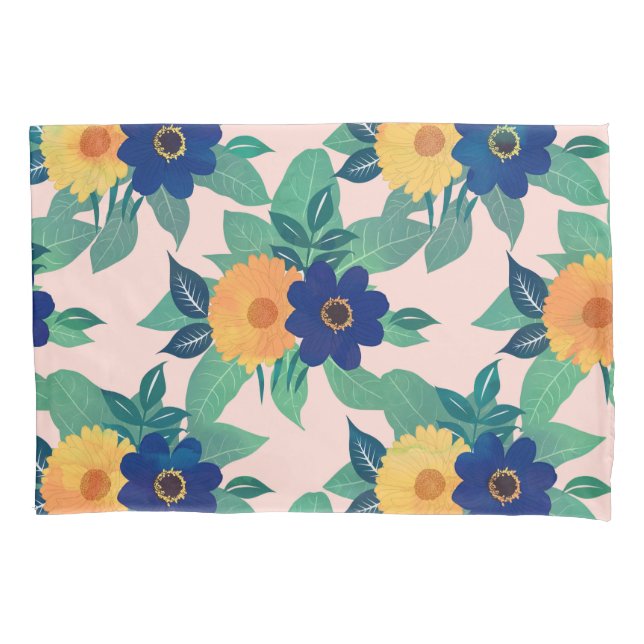 Hübsch-blau-gelbe Blüte und Blattrosa Design Kissenbezug (Vorderseite-Links)