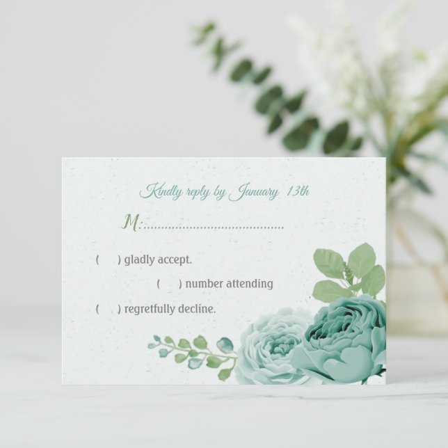 hübsch blaue blühende grüne Blätter RSVP Karte (Stehend Vorderseite)