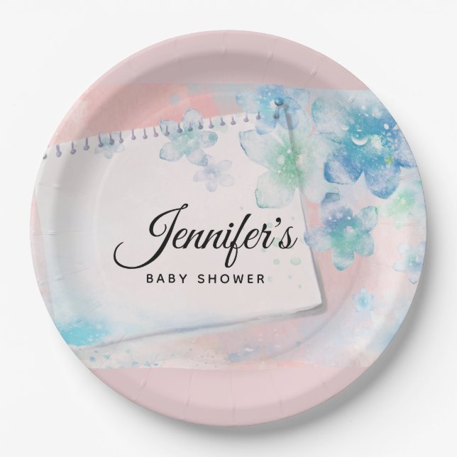 Hübsch blaue Blüten auf rosa Hintergrund Babydusch Pappteller (Vorderseite)