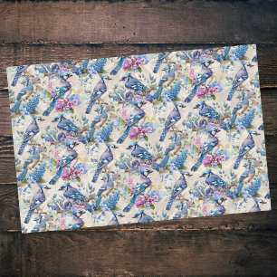 Hübsch-blaue Jay und Blume über Vintages Ecru Seidenpapier