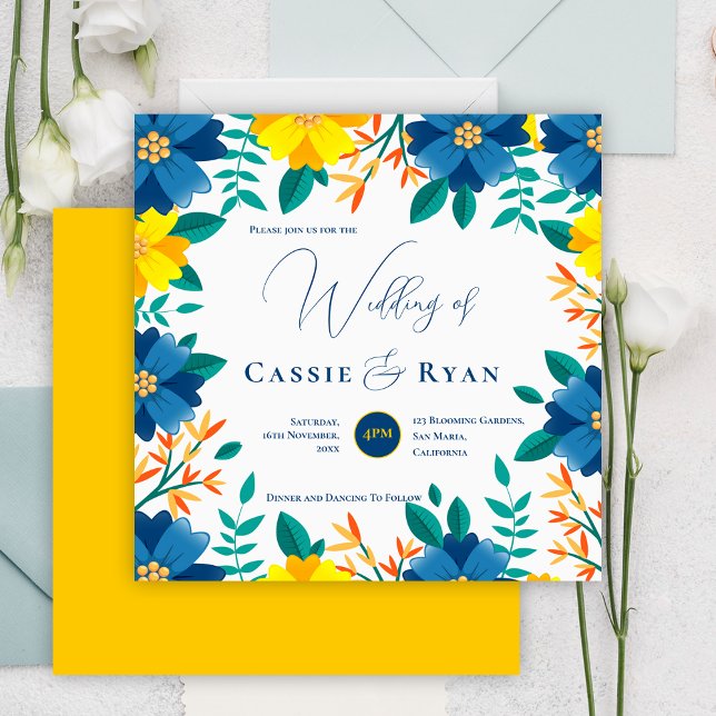 Hübsch-blaugelbe blühende romantische Hochzeit Einladung (Pretty Bright Blue Yellow Floral Romantic Wedding Invitation)