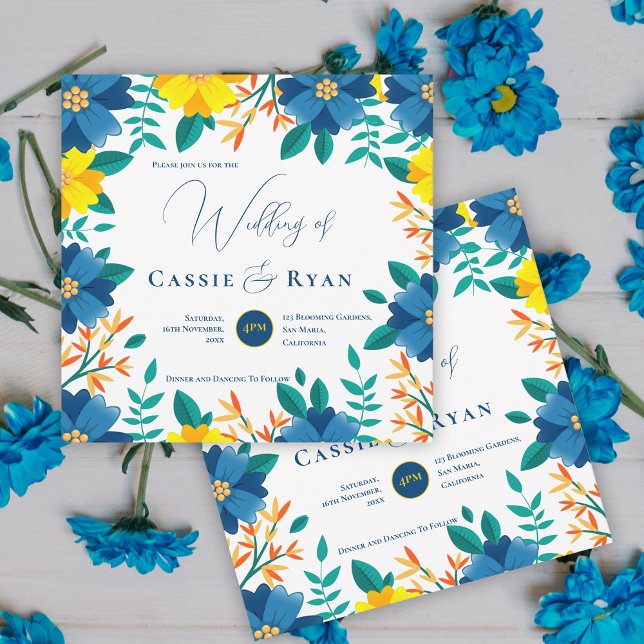 Hübsch-blaugelbe blühende romantische Hochzeit Einladung (Pretty Bright Blue Yellow Floral Romantic Wedding Invitation)
