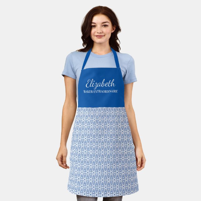 Hübsch Blue Abstrakt Blume Muster Name Schürze (Getragen)