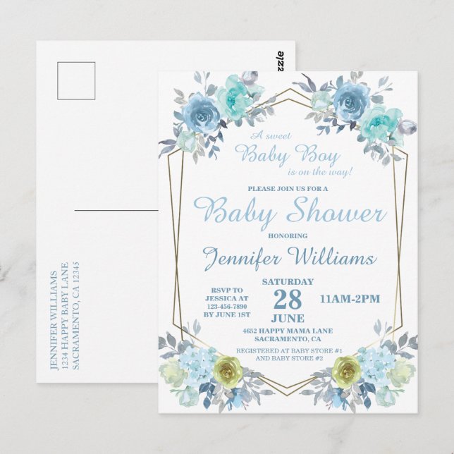 Hübsch Blue Floral Es ist ein Baby-Dusche Invitati Postkarte (Vorne/Hinten)