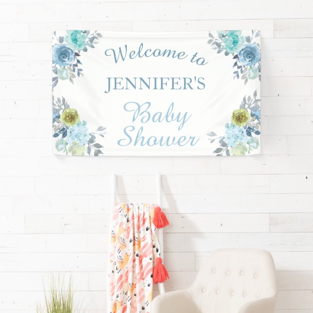 Hübsch Blue Floral Es ist eine Baby-Dusche Willkom Banner (Insitu)