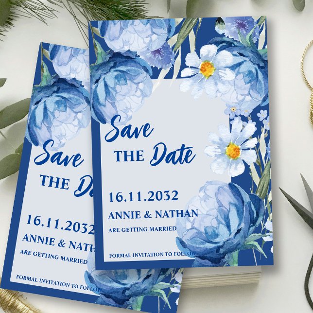 Hübsch Blue Florals Trendy Wedding Save the Date (Pretty Blue Florals Trendy Wedding Save the Date Invitation)