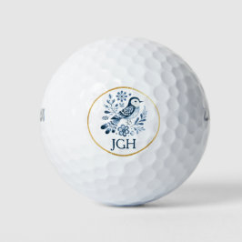 Hübsch Blue Folk Bird Monogramed Custom Golfball