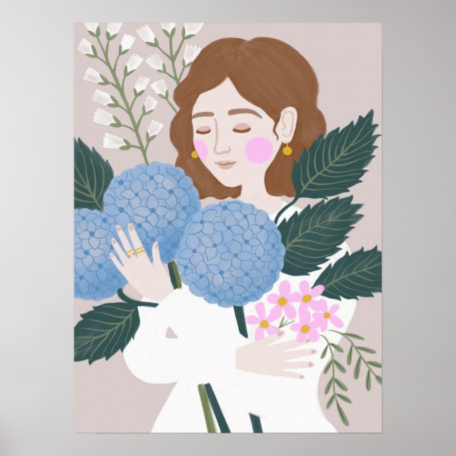 Hübsch Blue Green Girly Floral Illustration Poster (Vorne)