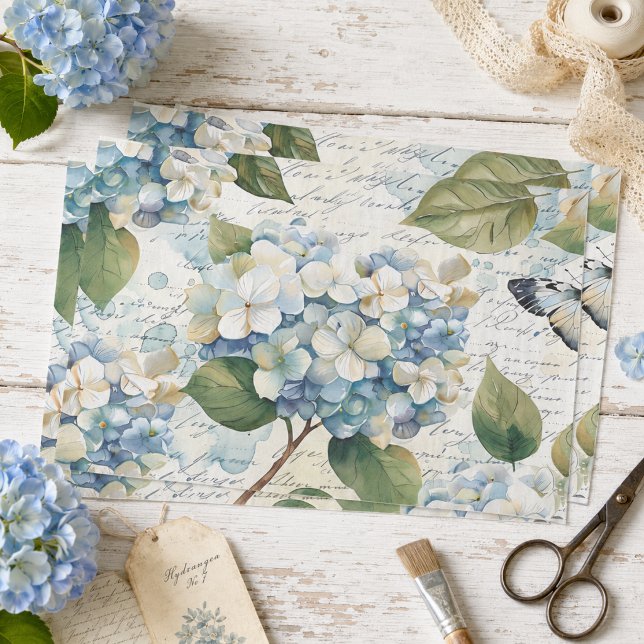 Hübsch Blue Hydrangea Ephemera Script Decoupage Seidenpapier (Von Creator hochgeladen)