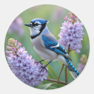 Hübsch Blue Jay Stehend auf Lilac Branchen Runder Aufkleber