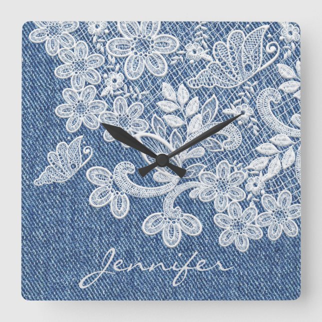 Hübsch Blue Jean Denim Lace Wall Clock Quadratische Wanduhr (Vorderseite)