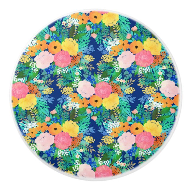 Hübsch-Blue-Pink-Blume Boho Design Keramikknauf (Vorderseite)