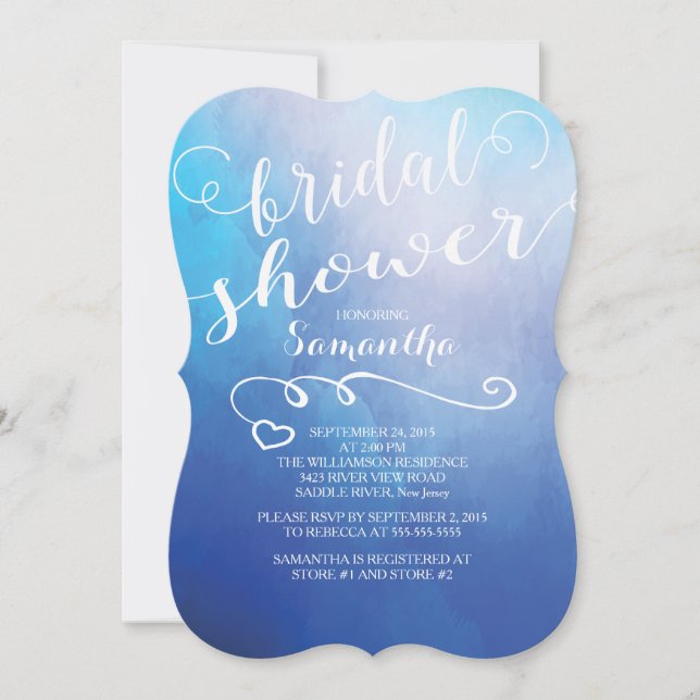 Hübsch Blue Watercolor Bridal Dusche Einladung (Vorderseite)