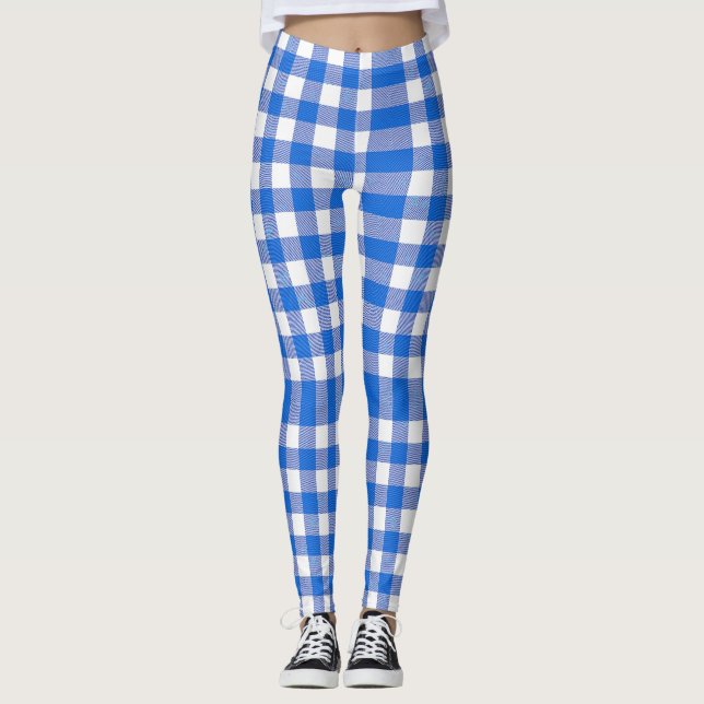 Hübsch Blue White Gingham Design Leggings (Vorderseite)