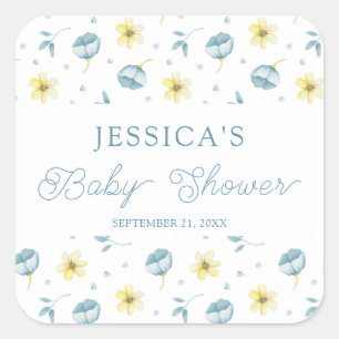 Hübsch Blue Yellow Floral Baby Dusche Gefallen Quadratischer Aufkleber