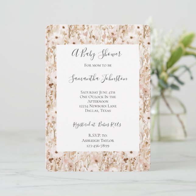 Hübsch Blush Brown Floral Baby Dusche Einladung (Stehend Vorderseite)