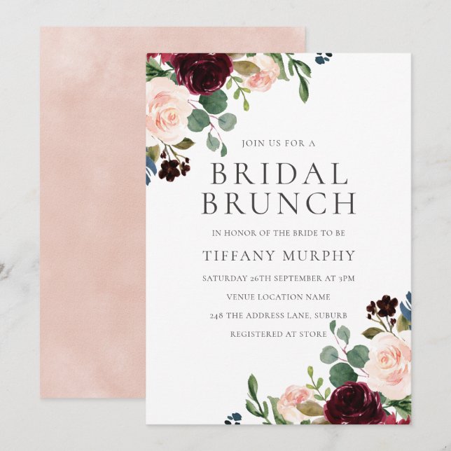 Hübsch Blush Burgundy Blumenbrunch Brautparty Brun Einladung (Vorne/Hinten)