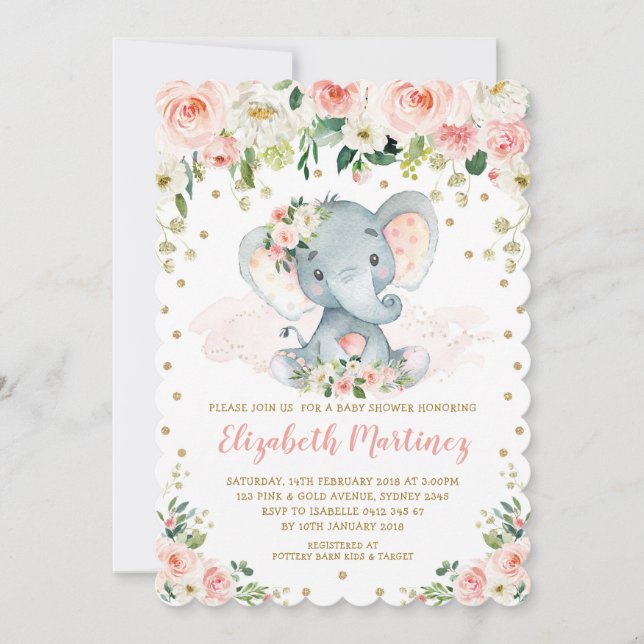 Hübsch Blush Floral Elephant Girl Babydusche Einladung (Vorderseite)