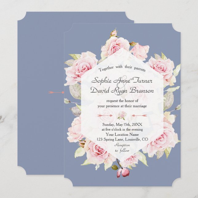 Hübsch Blush Floral Geometric Dusty Blue Wedding Einladung (Vorne/Hinten)