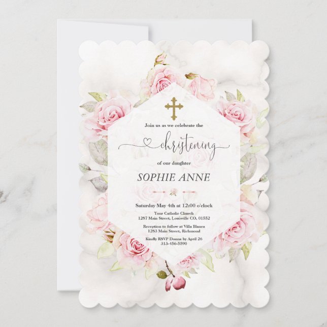 Hübsch Blush Floral Girl Christening Calligraphy Einladung (Vorderseite)