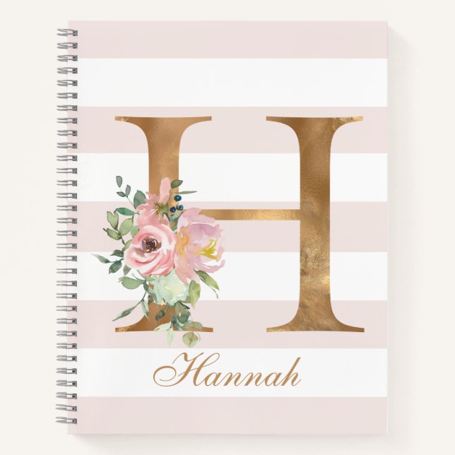Hübsch Blush Floral Gold Foil Letter H Monogramm Notizbuch (Vorderseite)