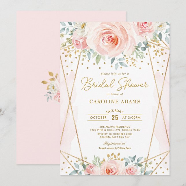 Hübsch Blush Gold Floral Geometrisches Brautparty Einladung (Vorne/Hinten)