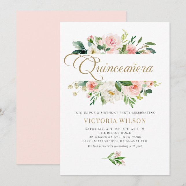 Hübsch Blush Peony Floral Frame Quinceañera Einladung (Vorne/Hinten)