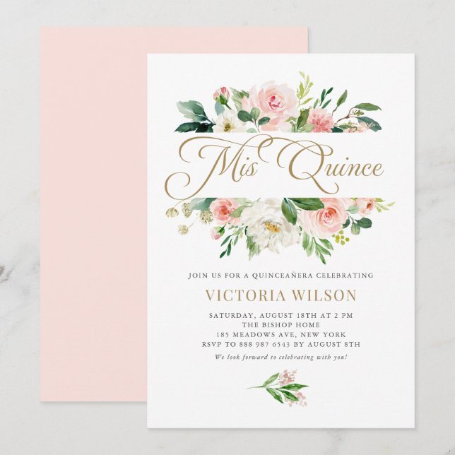 Hübsch Blush Peony Mis Quince Quinceañera Einladung (Vorne/Hinten)