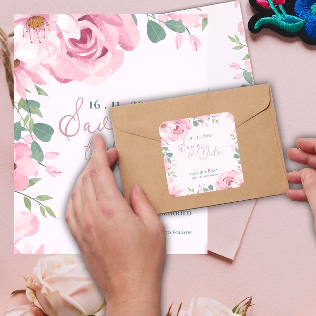 Hübsch Blush Pink Bläschen Hochzeit Sichern Sie da Quadratischer Aufkleber (Pretty Blush Pink Floral Wedding Save the date Square Sticker)