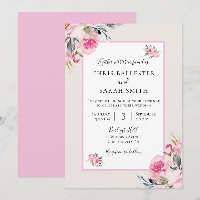 Hübsch Blush Pink Blume Hochzeit Einladung (Vorne/Hinten)