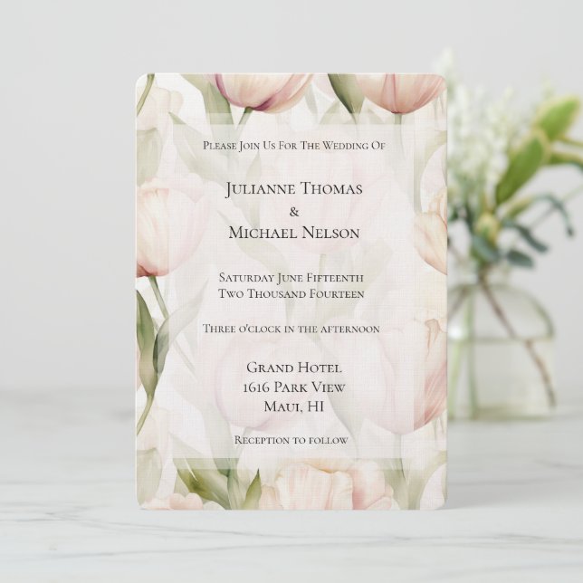 Hübsch Blush Pink Creme Tulips Blumenzehen Einladung (Stehend Vorderseite)