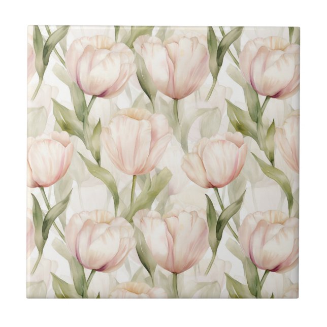 Hübsch Blush Pink Creme Tulips Floral Fliese (Vorderseite)
