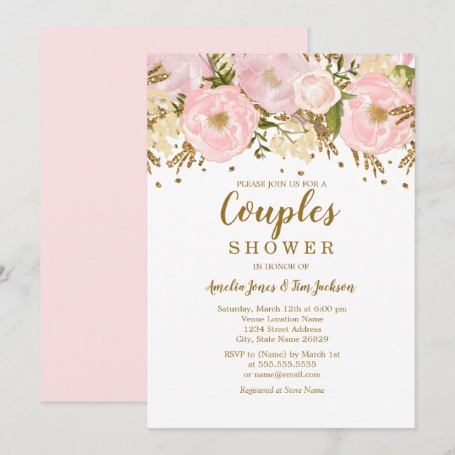 Hübsch Blush Pink Gold Blumenpaare Dusche Einladung (Vorne/Hinten)