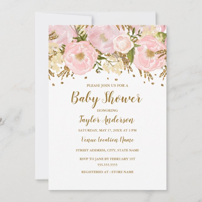 Hübsch Blush Pink Gold Floral Baby Dusche Einladung (Vorderseite)