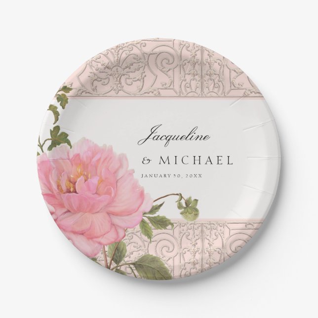 Hübsch Blush Pink Gray Peony Swirl Scroll Wedding Pappteller (Vorderseite)
