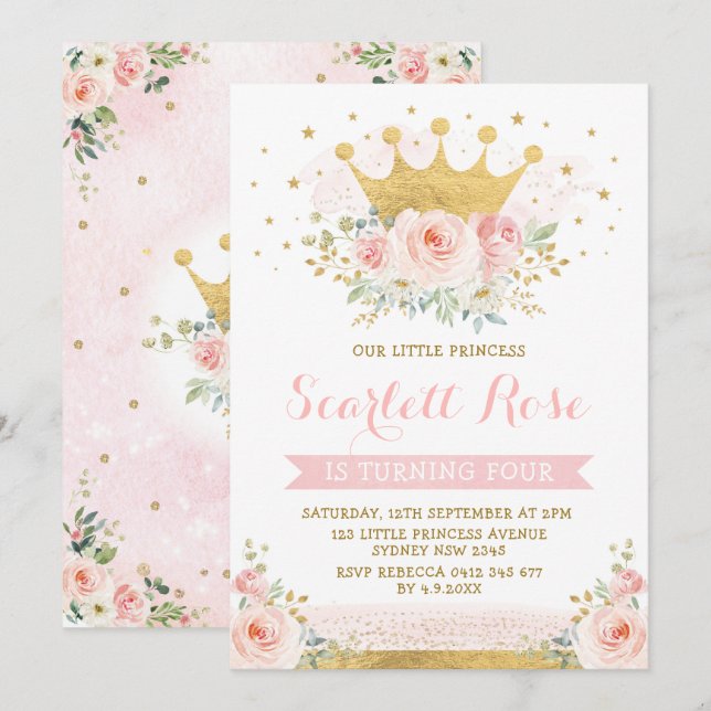 Hübsch Blush Pink Princess Gold Crown Geburtstag Einladung (Vorne/Hinten)