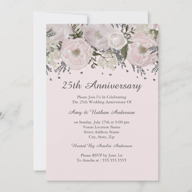Hübsch Blush Pink Silver Floral 25 Jahre Jubiläum Einladung (Vorderseite)