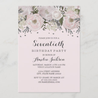 Hübsch Blush Pink Silver Floral 70. Geburtstag Einladung