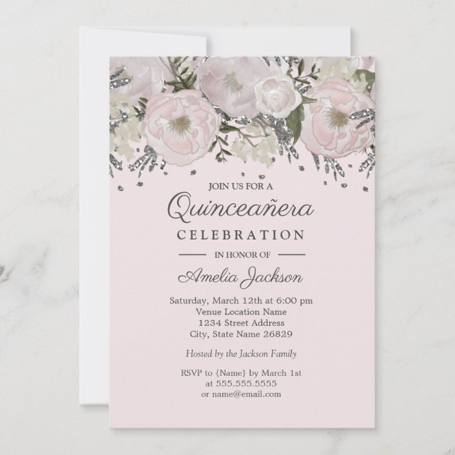 Hübsch Blush Pink Silver Floral Quinceanera Einladung (Vorderseite)