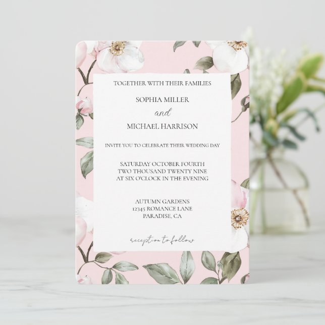 Hübsch Blush Pink Weiße Blume Hochzeit Einladung (Stehend Vorderseite)