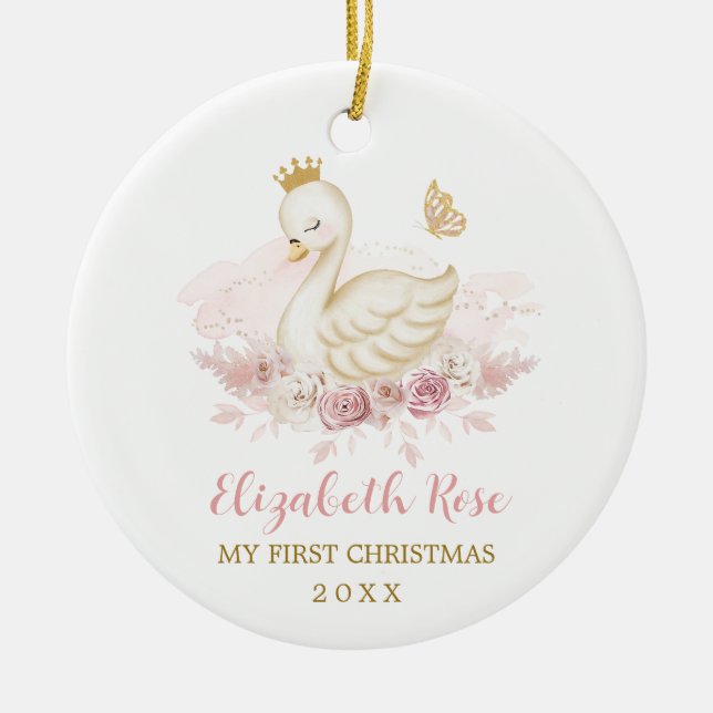 Hübsch Blush Swan Princess Baby 1. Weihnachten Keramik Ornament (Vorne)