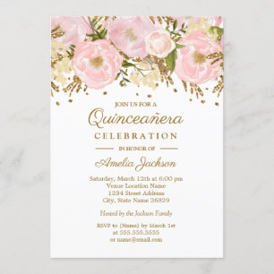 Hübsch Blütenpink Gold Floral Quinceanera Einladung
