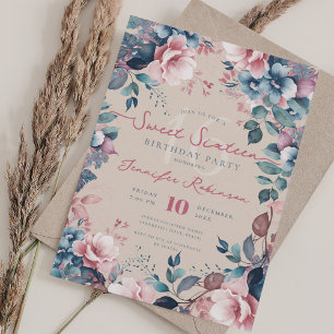 Hübsch Boho Blue Garden Floral Sweet 16 Champagne Einladung