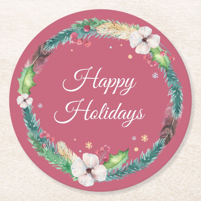 Hübsch Boho Holiday Wreath Runder Pappuntersetzer (Vorderseite)