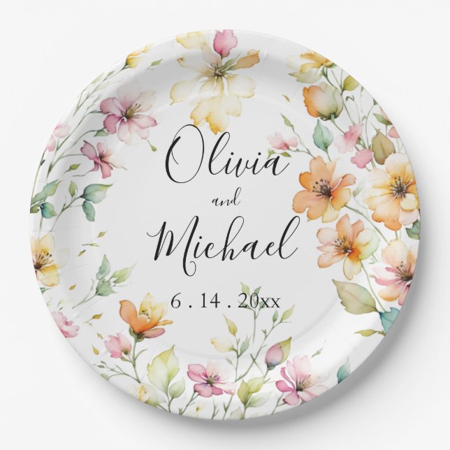 Hübsch Boho Orange Pink Aquarell Wildblumen Pappteller (Vorderseite)