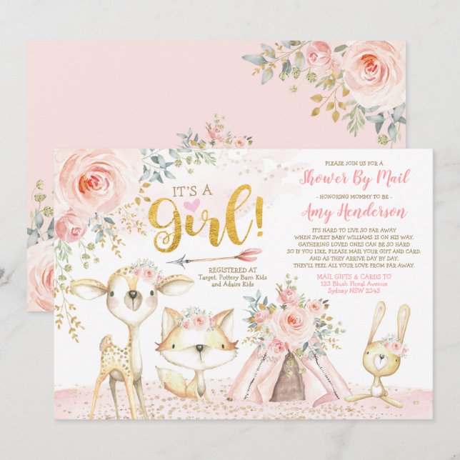 Hübsch Boho Woodland Pink Gold Baby Dusche per Mai Einladung (Vorne/Hinten)