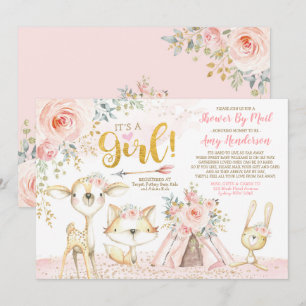 Hübsch Boho Woodland Pink Gold Baby Dusche per Mai Einladung