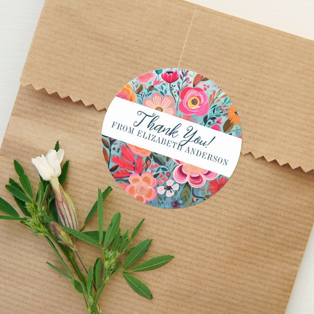 Hübsch Botanical Girly Floral Vielen Dank Runder Aufkleber (A pretty colorful floral Thank you sticker. Great for finishing off a small gift.)