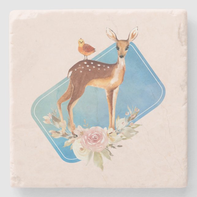 Hübsch Brown Fawn with Bird and Rose Steinuntersetzer (Vorderseite)